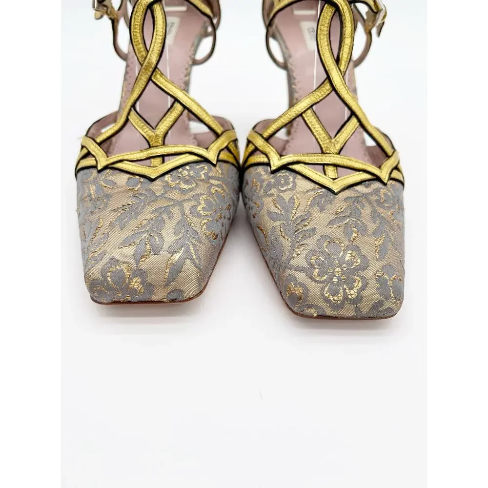 Prada Vintage Gold Floral Brocade Retro Baroque Strappy Square Toe Heels IT 40 - Picture 7 of 11
